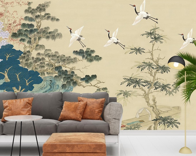 Vintage Chinoiserie Peel and Stick Wallpaper: Mountain Landscape Mural