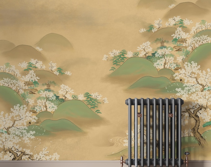 Chinoiserie Landscape Peel and Stick Wallpaper: Vintage Mountain Mural