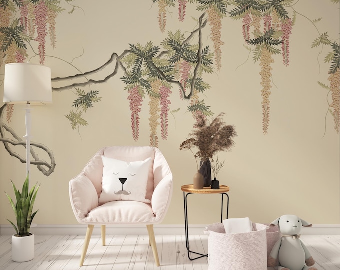 flowers wall mural, vintage chinoiserie wallpaper, oriental decor, vintage art, home decoration, living room mural, baby room wallpaper