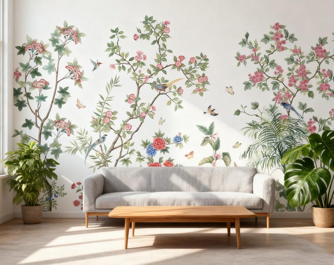 Vintage Chinoiserie Floral Wallpaper, Birds Botanical Mural, Peel and Stick
