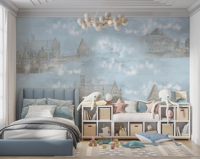 Whimsical Castle in the Clouds Wallpaper,Vintage Fairytale Mural,Dreamy European Architecture Decor,Serene Bedroom Accent,Artistic Decor