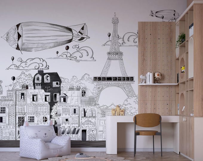 Paris Cityscape Wallpaper Mural: Eiffel Tower, Vintage Airships