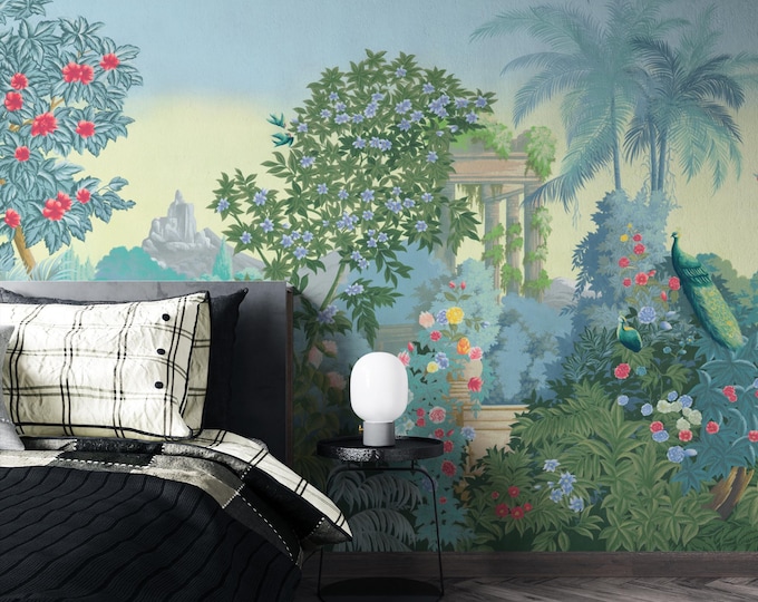 Tropical Palm Tree Mural: Serene Botanical Waterfront Wall Art