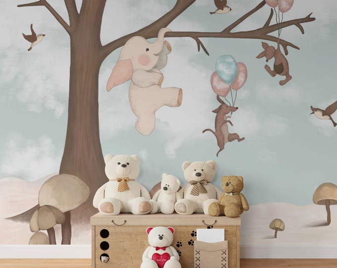 Bunny & Squirrel Wall Art: Whimsical Tree, Pastel Balloons