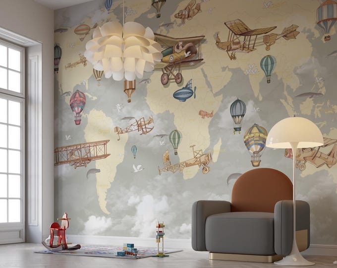 Vintage World Map Mural: Retro Airplane & Hot Air Balloon Kids Room Decor