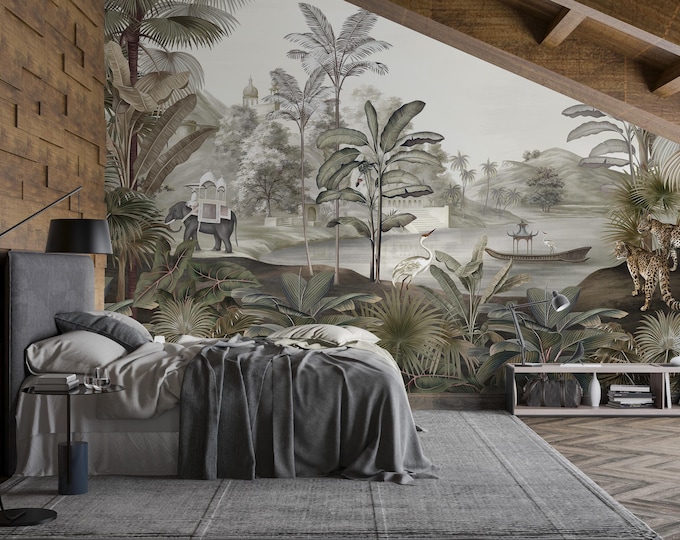 Vintage Tropical Jungle Mural Wallpaper: Peel and Stick River Scene