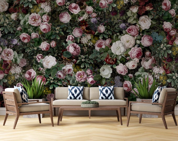Floral Peel and Stick Wallpaper: Pink Roses, Botanical Wall Art