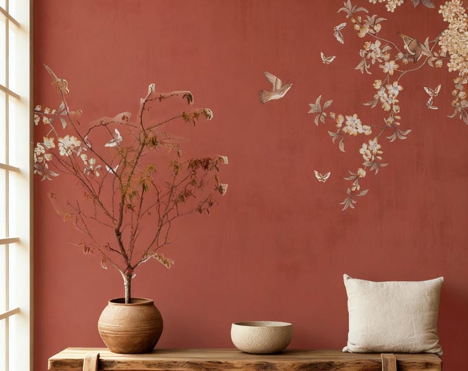Chinoiserie Bird Mural Wallpaper: Vintage Oriental Wall Decor