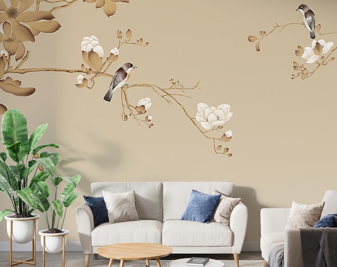 Chinoiserie Bird Peel and Stick Wallpaper: Traditional Ink Art Mural