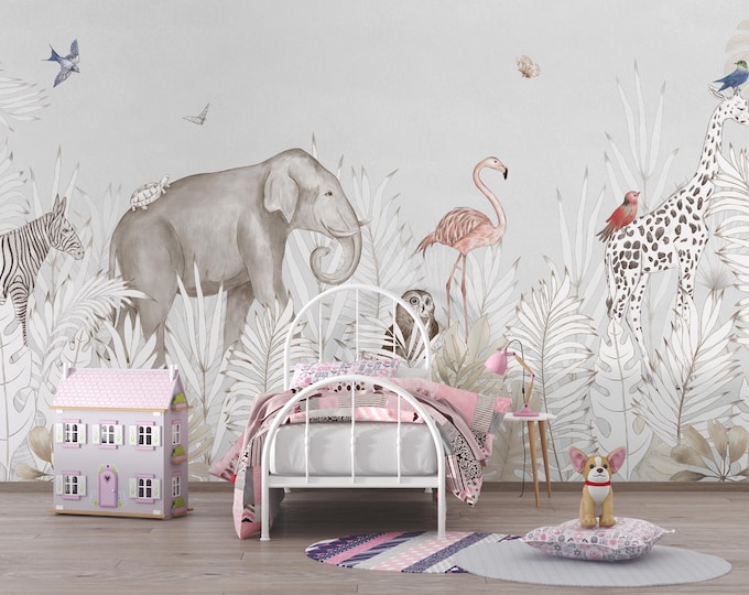 Safari Animal Wallpaper Mural: Neutral Jungle Kids Room Decor