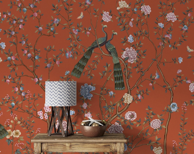 Peony & Bird Removable Wall Mural: Vintage Floral Scenic Decor