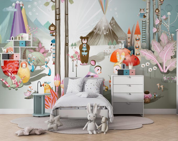 Whimsical Forest Animal Wallpaper Mural: Fairy Tale Nursery Decor