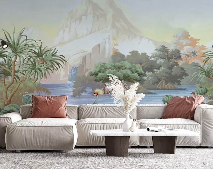 Jungle Landscape Mural: Flamingos, Waterfall, Tropical Wall Art