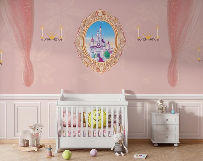 Pink Fairy Tale Castle Wallpaper Mural: Girls Nursery Canvas Print