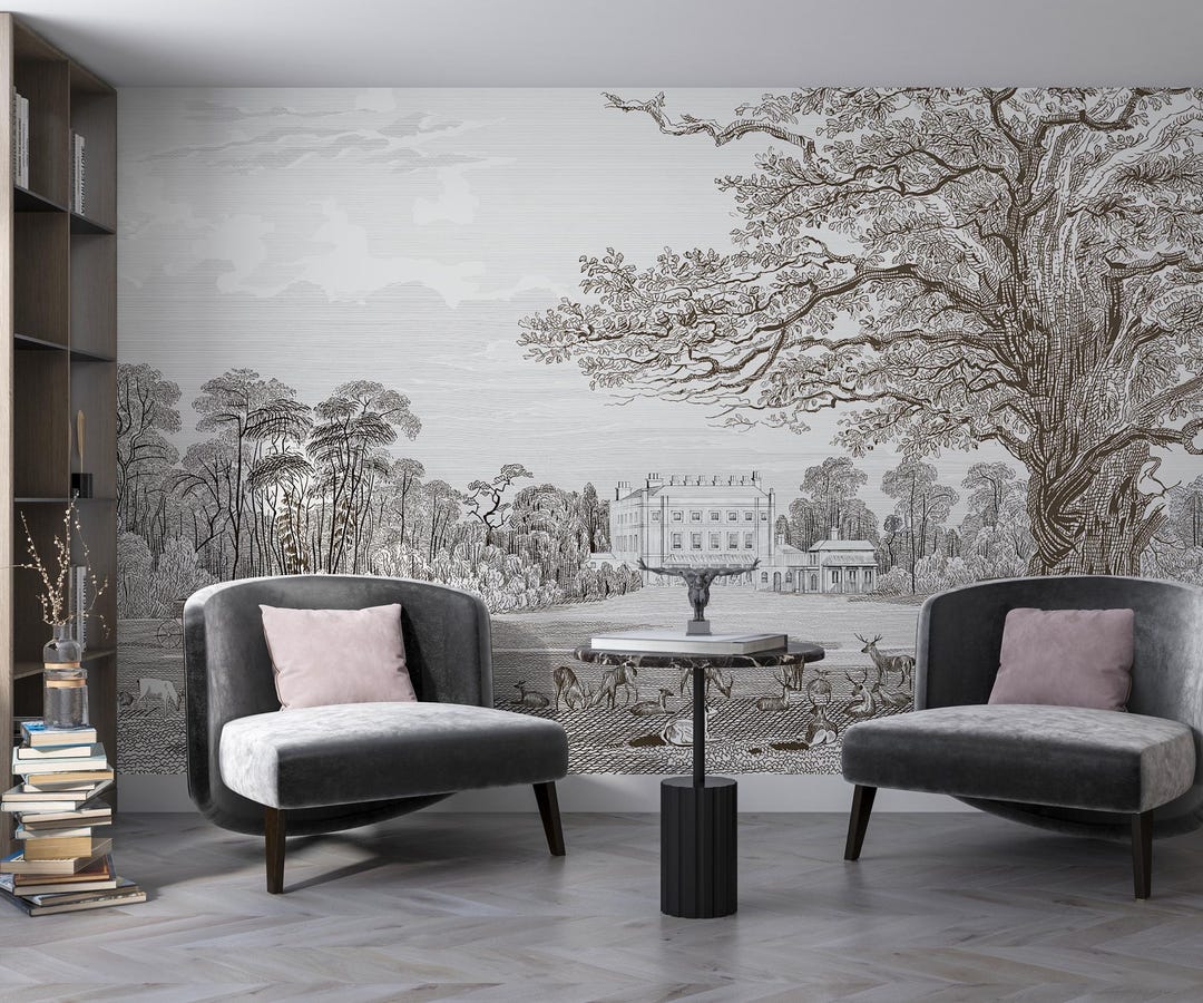 Engraved Landscape Wallpaper Mural: Manor House, Forest Scene - Etsy