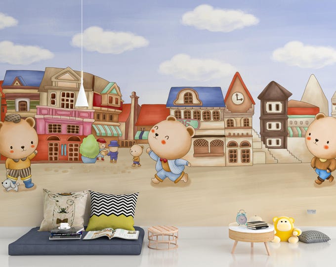 Bear Town Wallpaper Mural: Whimsical Kids Room Decor, Pastel City Scene