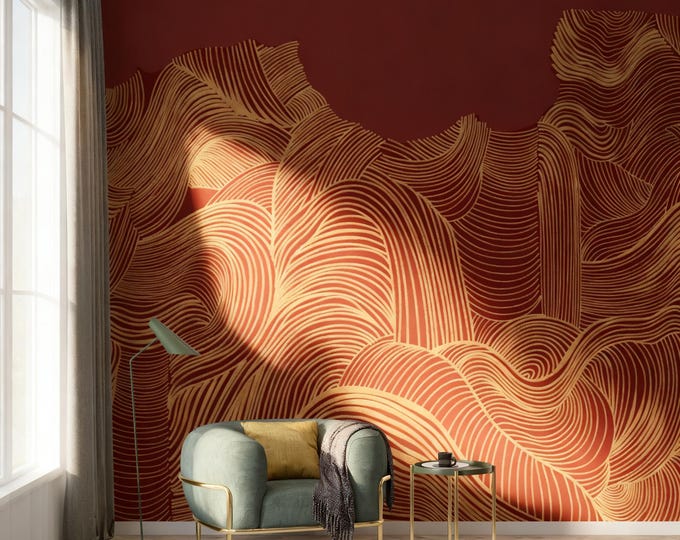 Gold Foil Wave Wallpaper Peel and Stick, Modern Geometric Wall Decor, Brown and Gold Accent Wall