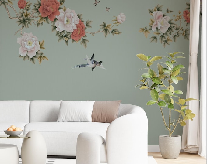 Peony Bird Wall Mural: Vintage Chinoiserie Removable Wallpaper