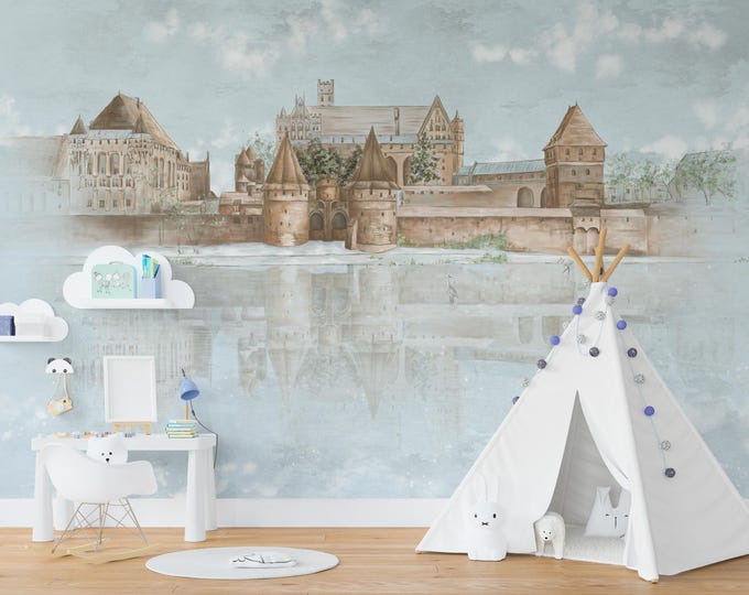 Vintage Castle Lake Wallpaper Mural: European Architecture, Serene Reflection