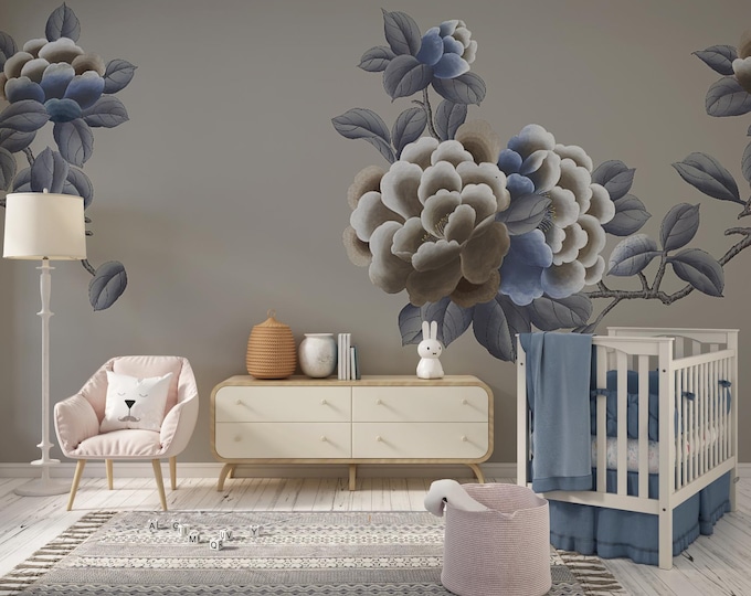 Minimalist Blue-Gray Floral Mural: Hand-Painted Botanical Wall Decor