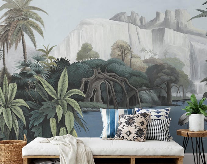 Tropical Paradise Wall Mural: Lush Greenery, Waterfall Canvas Print