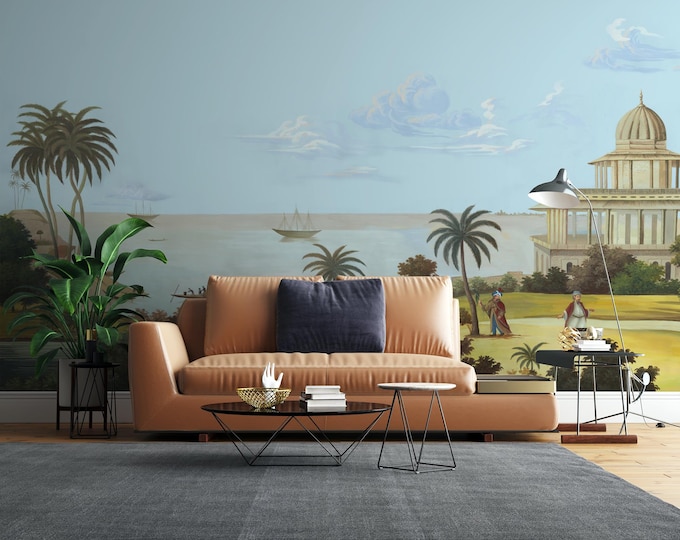 Ancient Tropical Landscape Wall Mural: Serene Palm Tree & Dome Architecture