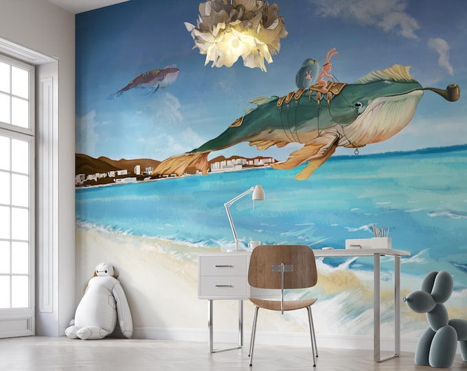 Flying Whale Wallpaper Mural: Coastal Kids' Room Decor