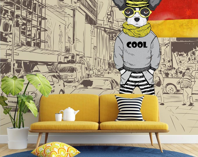Street Style Dog Wallpaper Mural: Urban Sketch Cityscape, Trendy Pet Decor