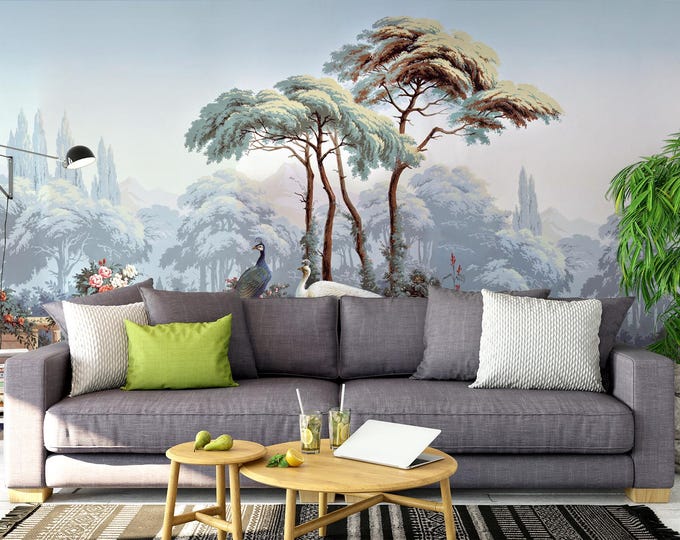 Fantasy Forest Mural: Peacock, Ruins & Mountain Scenery