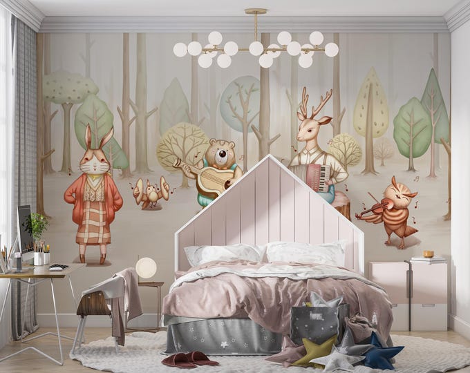 Forest Animal Band Wallpaper Mural: Music Themed Nursery Decor