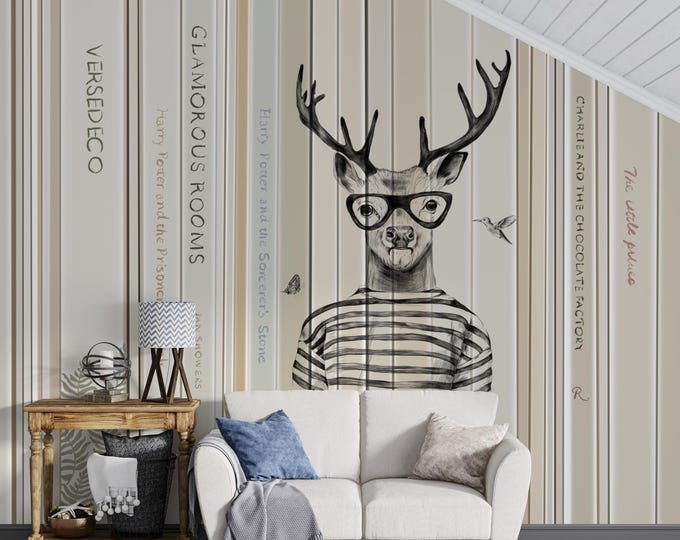Hipster Deer Bookcase Wallpaper Mural: Vintage Library Decor