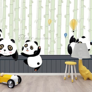 Panda Wallpaper, Cartoon Mural, Nursery Wall Decor, Kids Room Decor, Wallpaper For Kids, Removable Mural, Black And White