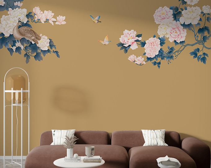 peony wall mural, vintage chinoiserie wallpaper, fabric wallpaper, living room mural, floral wallpaper, vintage floral mural, room decor