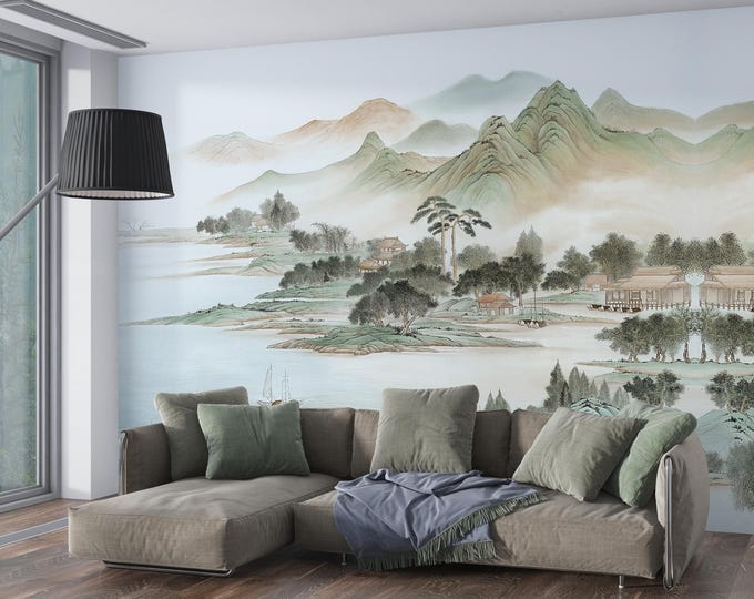 Peel and Stick Chinoiserie Mural: Retro Mountain Landscape Wall Art