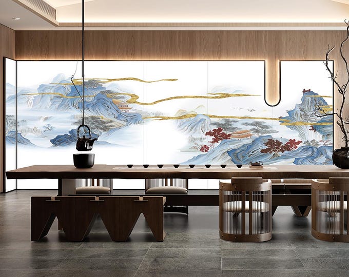 Chinese Landscape Mural: Peel and Stick Vintage Chinoiserie Wall Art