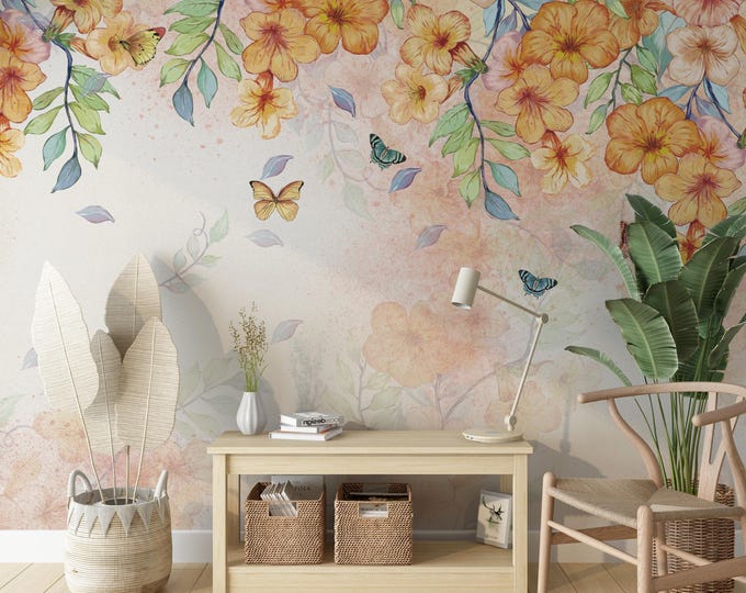 Floral Butterfly Peel and Stick Wallpaper: Orange Botanical Wall Art