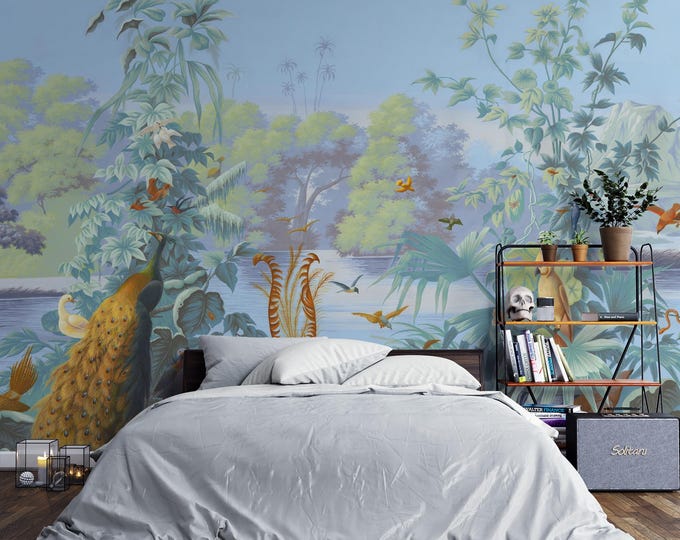 Tropical Birds & Jungle Plants Wall Mural: Peel and Stick Wallpaper