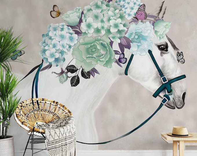 Floral Horse Canvas Print: Butterfly Wall Art, Elegant Living Room Decor
