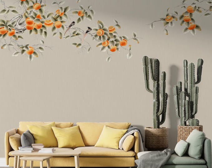Vintage Chinoiserie Mural: Oriental Bird Wallpaper, Removable Wall Art