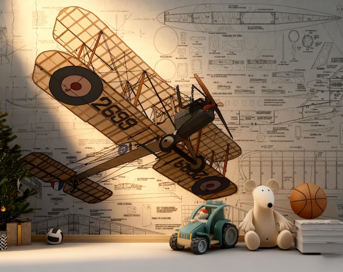 Vintage Biplane Blueprint Wall Art: WWI Aircraft Engineering Drawing
