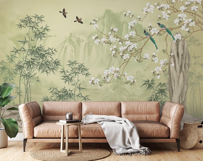 Chinoiserie Bird Wallpaper Mural: Vintage Oriental Green Theme