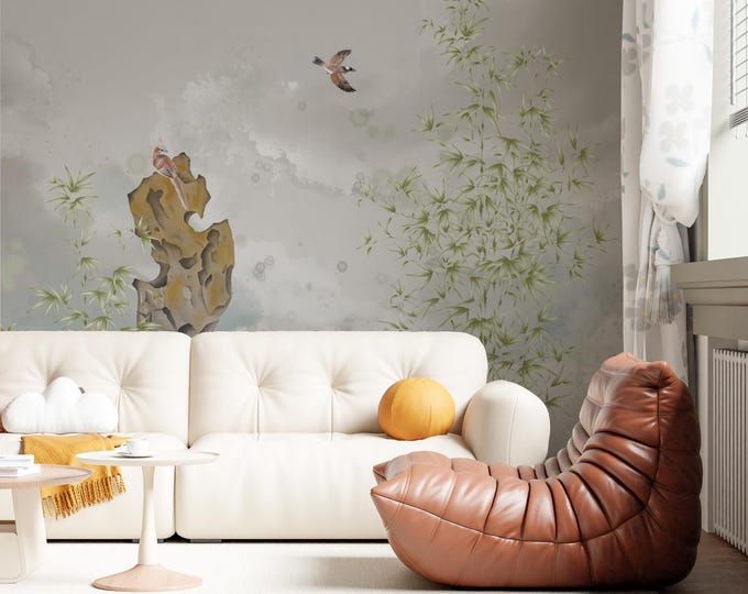 Chinoiserie Peel and Stick Wallpaper: Bird & Bamboo Mural, Oriental Decor
