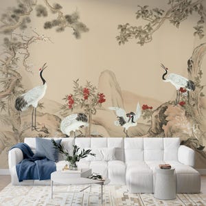 Vintage Chinoiserie Crane Wallpaper Mural: Elegant Oriental Decor