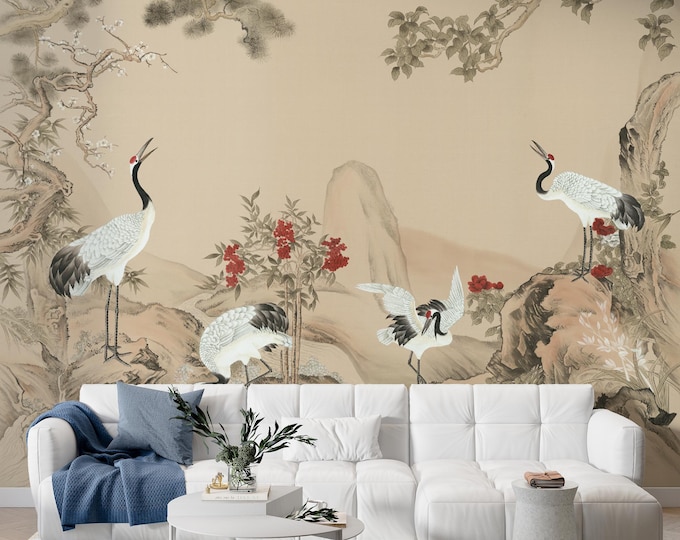 Vintage Chinoiserie Crane Wallpaper Mural: Elegant Oriental Decor