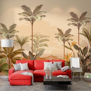 Retro Tropical Forest Mural: Beige & Green Peel and Stick Wallpaper