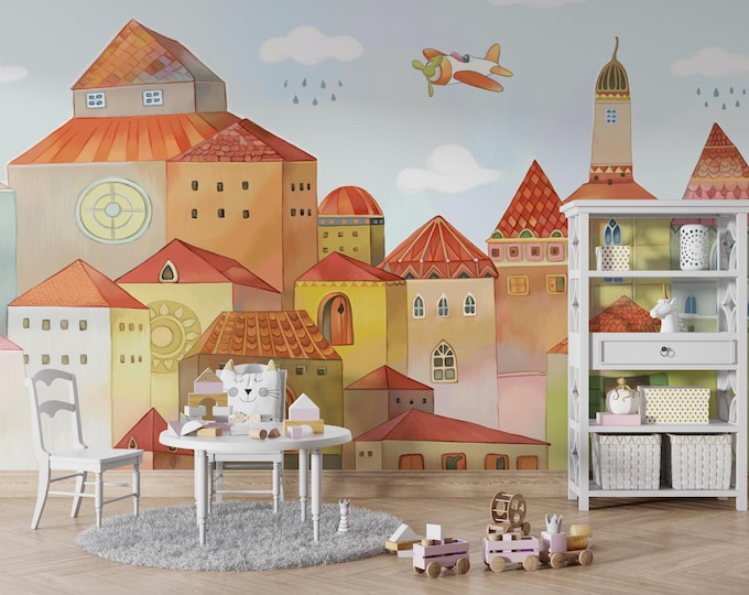Whimsical Cityscape Art Print: Fairy Tale Town, Kids Room Decor