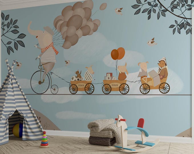 Whimsical Animal Bike Ride Canvas Print: Kids Nursery Wall Art