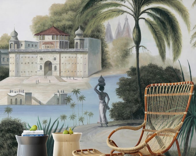 Ancient Palace & Palm Trees Mural: Exotic Coastal Wallpaper