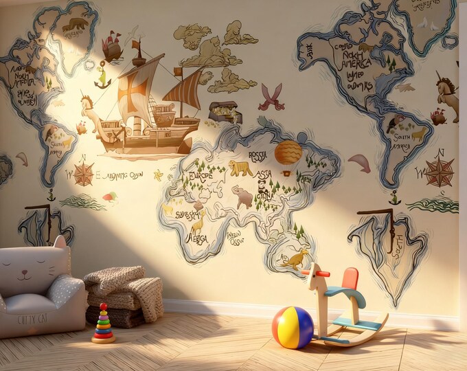 Cartoon World Map Poster: Vintage-Style Kids Room Decor