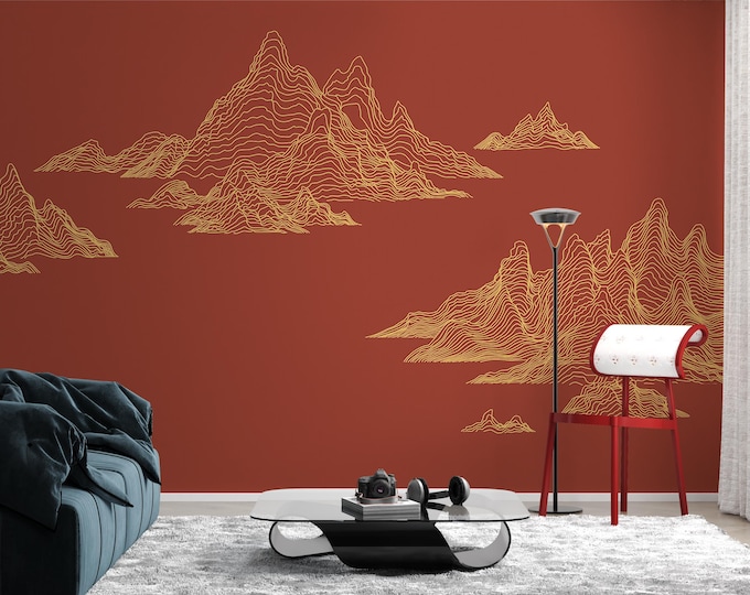 Abstract Mountain Mural Wallpaper: Golden Lines, Teal Green, Removable Peel & Stick
